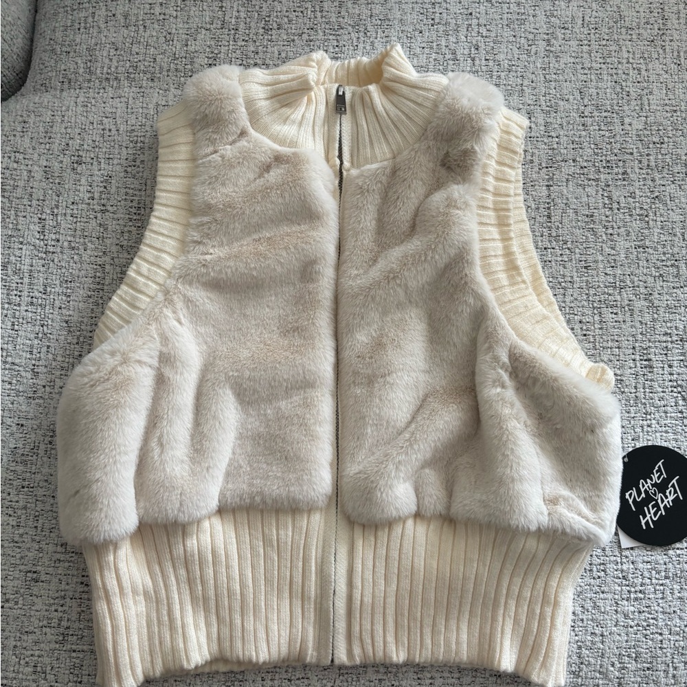 Cream Mock-Neck Faux Fur Vest